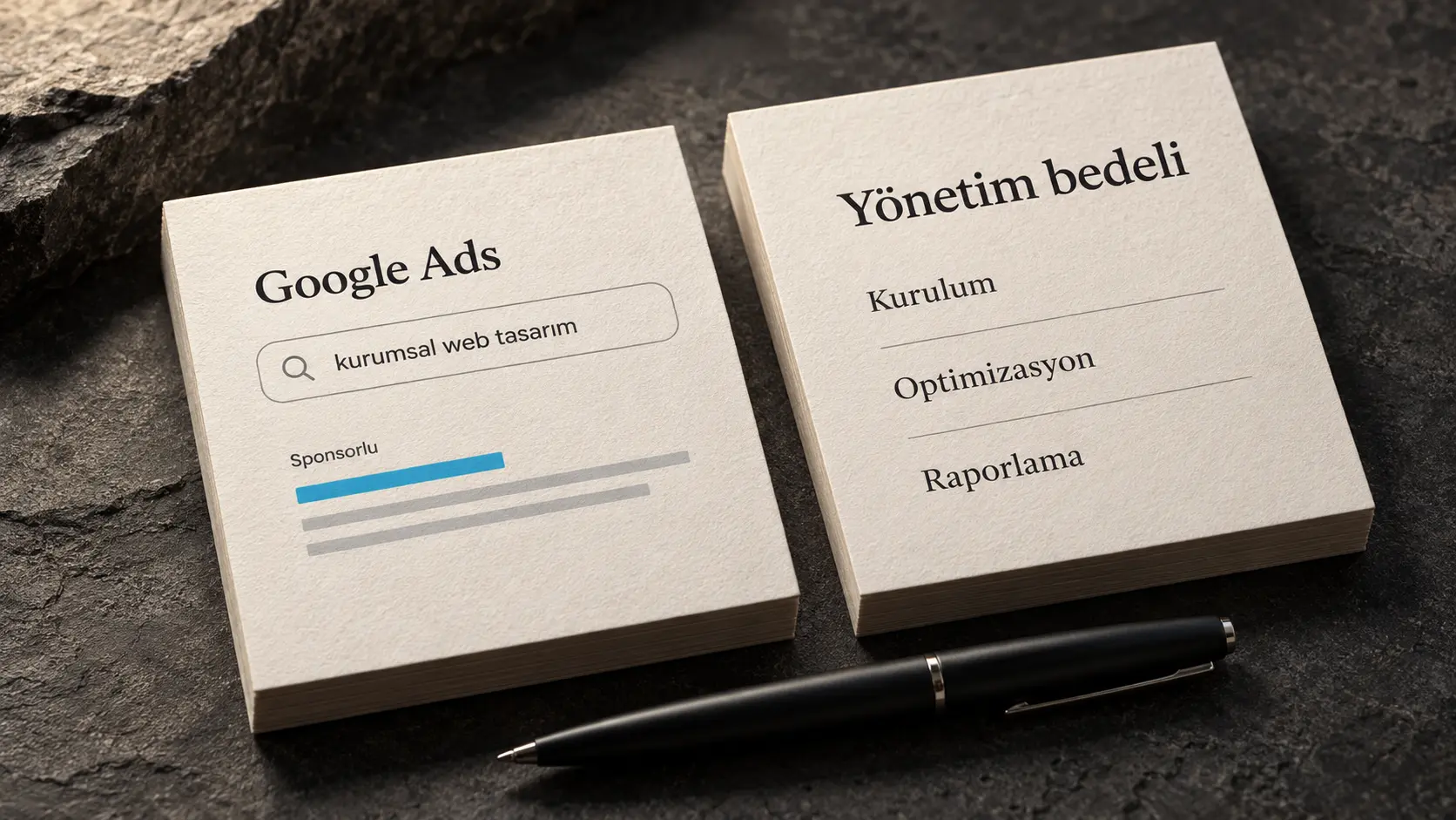 Google Ads arama reklamını temsil eden kart ile kurulum, optimizasyon ve raporlama işlerini ayıran yönetim bedeli kartı